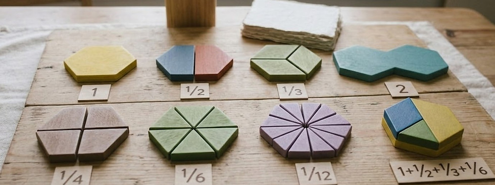 A wood tablet with wood fractions on them in the shapes of pattern blocks.