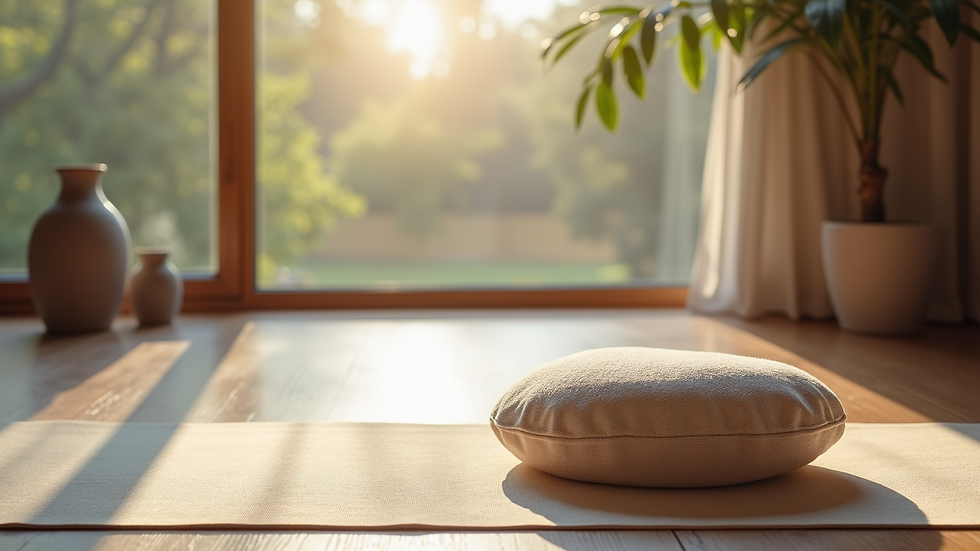 High angle view of a yoga mat and meditation cushion in a peaceful corner