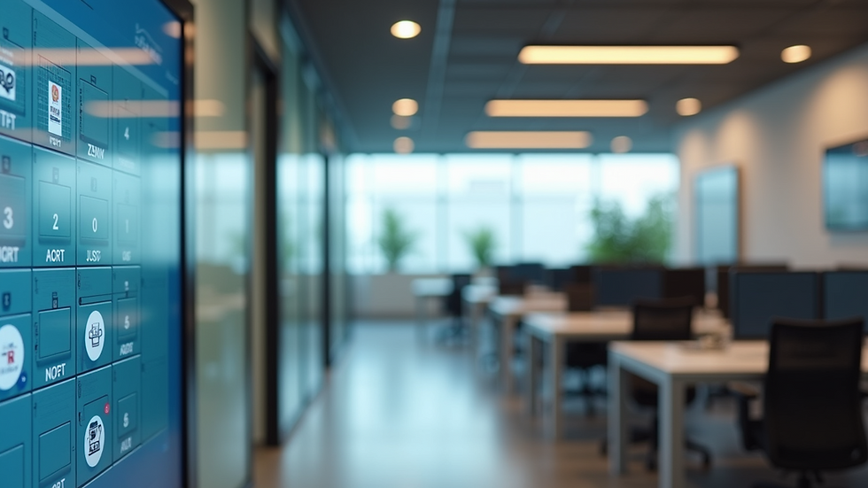 Wide angle view of a modern office space equipped with a digital scheduling system