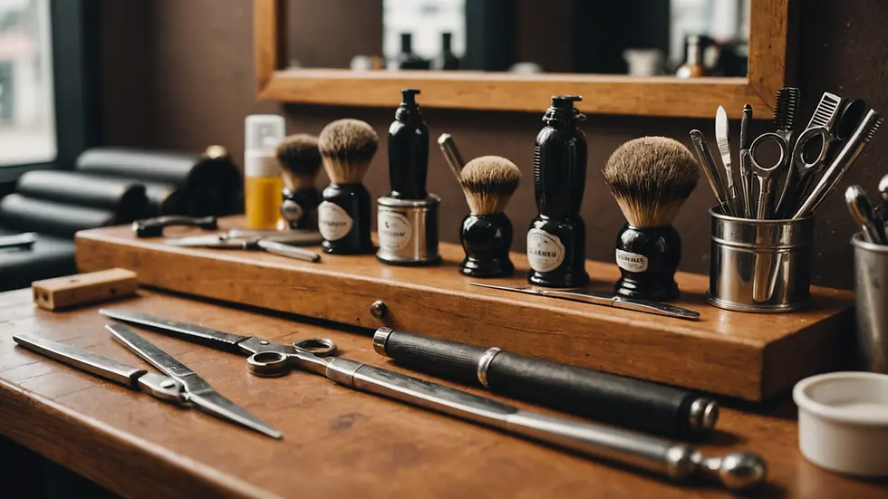 Close-up view of a barber's tools neatly arranged on a countertop