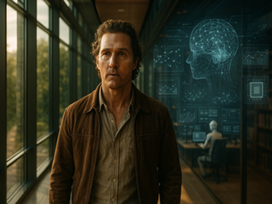 Matthew McConaughey walking through a futuristic sunlit hallway as holographic AI imagery surrounds him, representing the convergence of human identity and artificial intelligence.