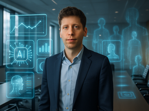 Photorealistic depiction of Sam Altman standing in a modern conference room with futuristic AI data streams behind him, symbolising the balance between human leadership and rising artificial intelligence.