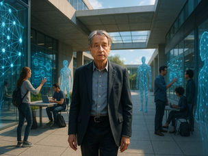 Geoffrey Hinton walking through a bright, futuristic research campus filled with neural net visuals and interactive AI systems, symbolising the intersection of knowledge, risk, and emerging intelligence.