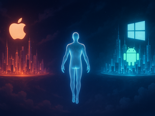 A photorealistic digital illustration of an AI agent hovering between three futuristic cityscapes representing Apple, Google, and Microsoft ecosystems. The agent emits neutral light, symbolising OpenAI’s position as a platform-agnostic intelligence trying to survive between tech giants.