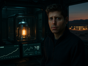 A photorealistic image of Sam Altman standing before a next-gen mini nuclear reactor powering a desert data center, symbolising the convergence of AI and clean energy innovation.