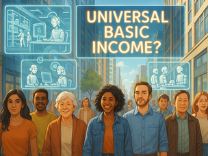 A vibrant daytime city scene with pedestrians walking beneath a large digital billboard that reads “UNIVERSAL BASIC INCOME?” Futuristic overlays display AI replacing workers in logistics, healthcare, and office roles — highlighting the tension between automation and human livelihoods.