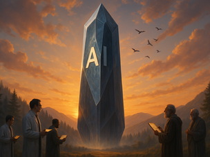 A bright, photorealistic image of a crystal-like AI monolith rising from a forest at dawn, surrounded by scientists and philosophers who stand in awe, reflecting the contrast between nature and machine intelligence.