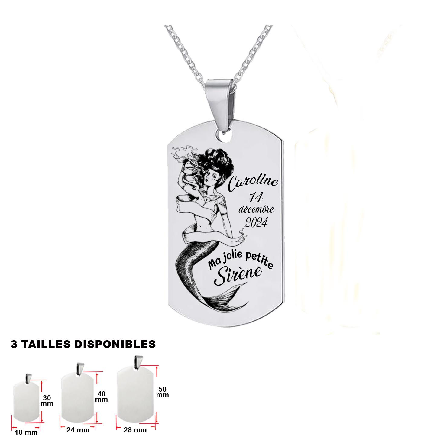 Pendentif argenté plaque militaire Modèle "Ma jolie petite sirène" à personnaliser