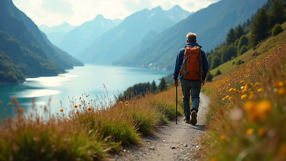 Eye-level view of a hiker walking along a scenic trail overlooking Lake Geneva and the Alps