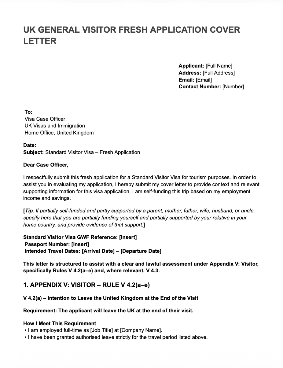 UK Visitor Visa Cover Letter Template – For Salaried Professionals