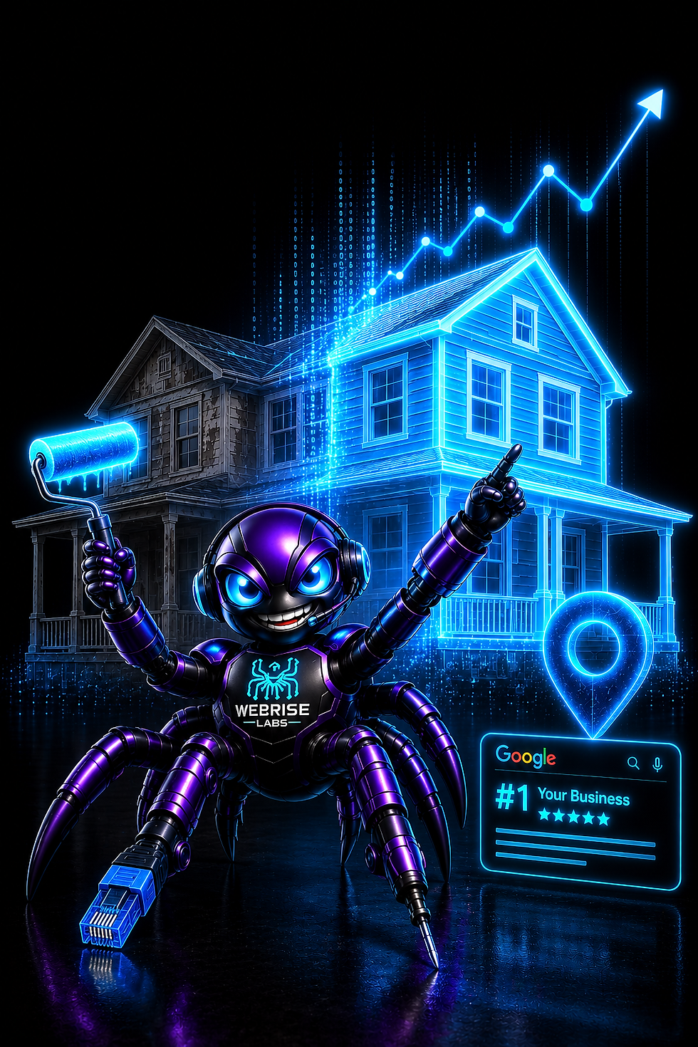 WebRISE Labs Crawler mascot beside a freshly painted house with a rising search ranking graph, representing SEO for painters in Washington