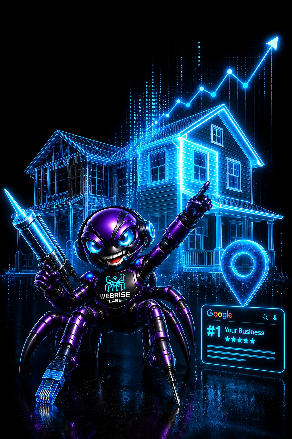 WebRISE Labs Crawler mascot beside a house with new siding and a rising search ranking graph, representing SEO for siding and remodeling contractors in Washington