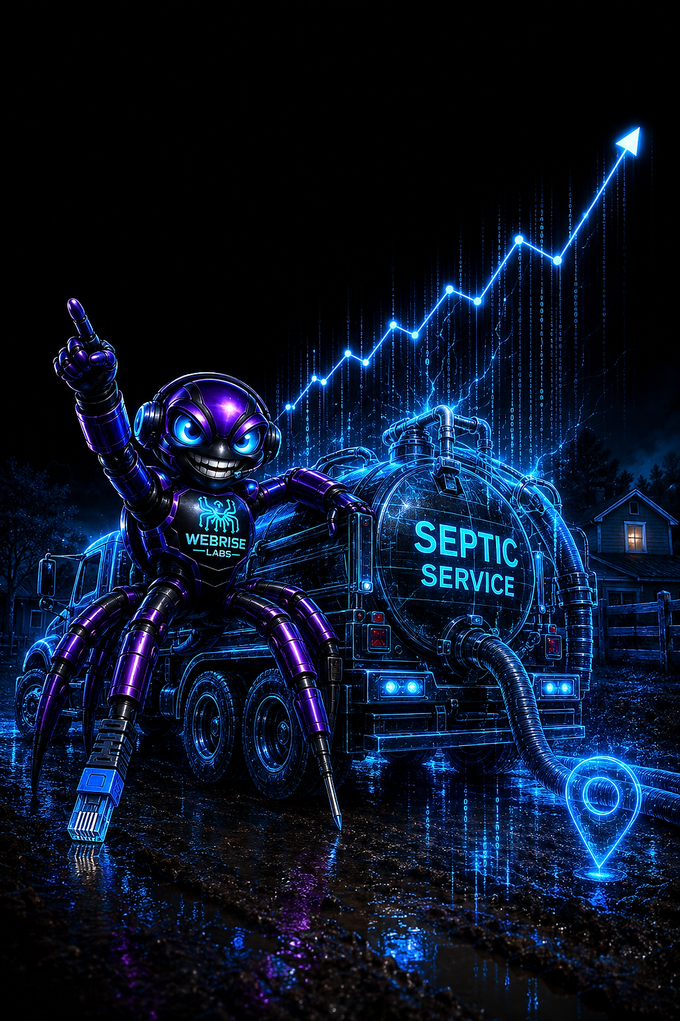 WebRISE Labs Crawler mascot beside a septic service truck with a rising search ranking graph, representing SEO for septic companies in Washington