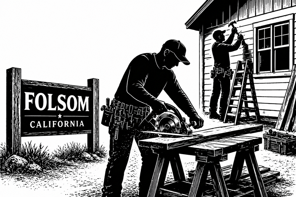 Home remodeling contractors working on exterior siding and carpentry in Folsom, California with clean black and white silhouette design