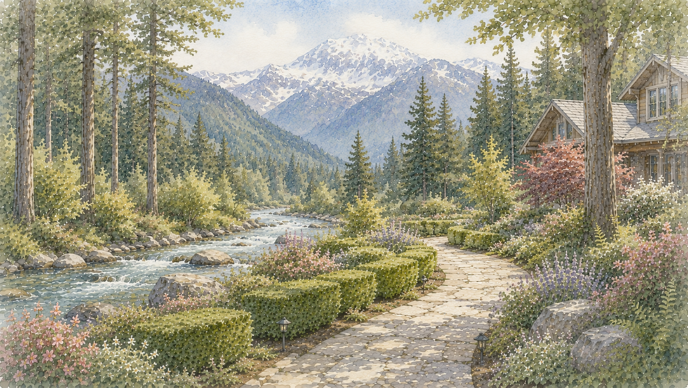 Landscaped mountain property with stone path, river, and North Cascades peaks in Concrete, WA by Cascade Proscapes