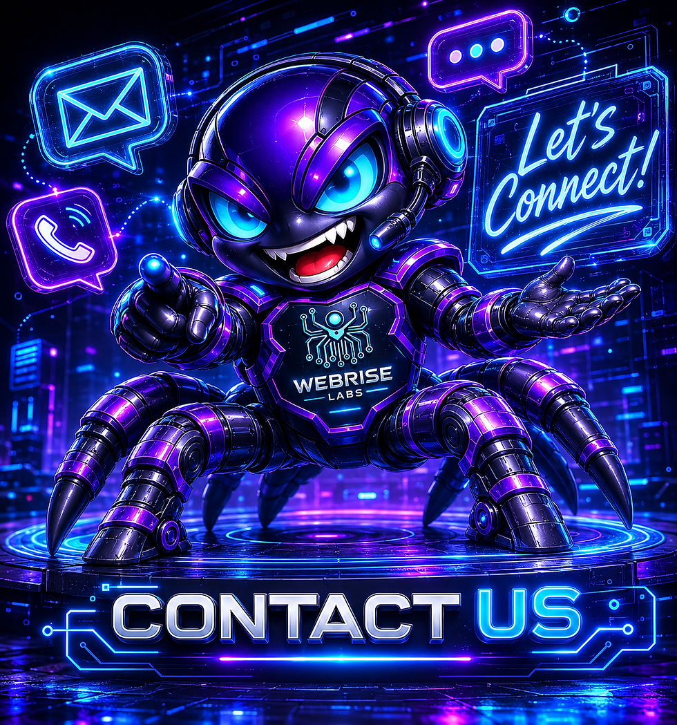 WebRISE LABS Crawler mascot on futuristic contact us page with neon blue and purple cyber technology design, glowing communication icons, and AI-inspired digital branding