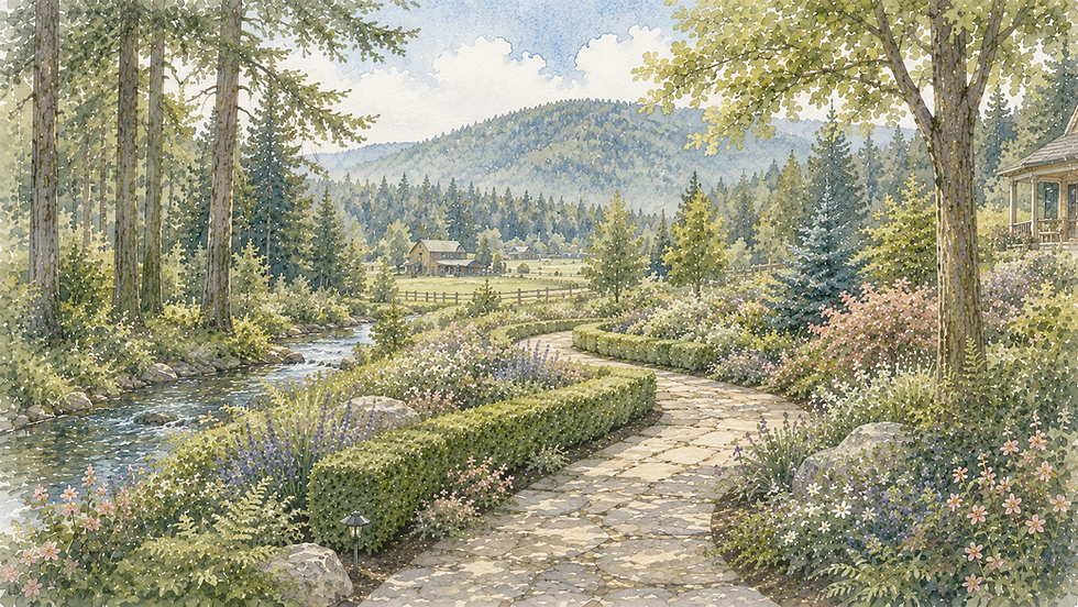 andscaped forest property with stone path, creek, and hobby-farm fields in Alger, WA by Cascade Proscapes