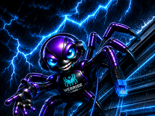 WebRISE Labs Crawler mascot on a rooftop during a storm with a rising search ranking graph, representing SEO for roofers in Washington
