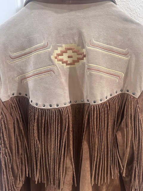 Thumbnail: 3B West by Tamworth brown and tan patchwork suede fringe western jacket
