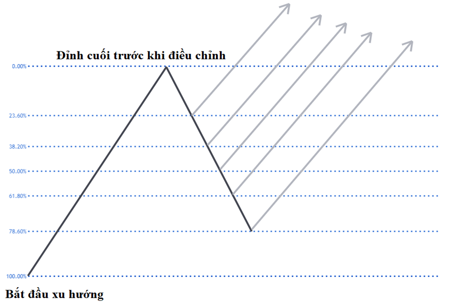 Các mức thoái lui Fibonacci được sử dụng làm ngưỡng hỗ trợ