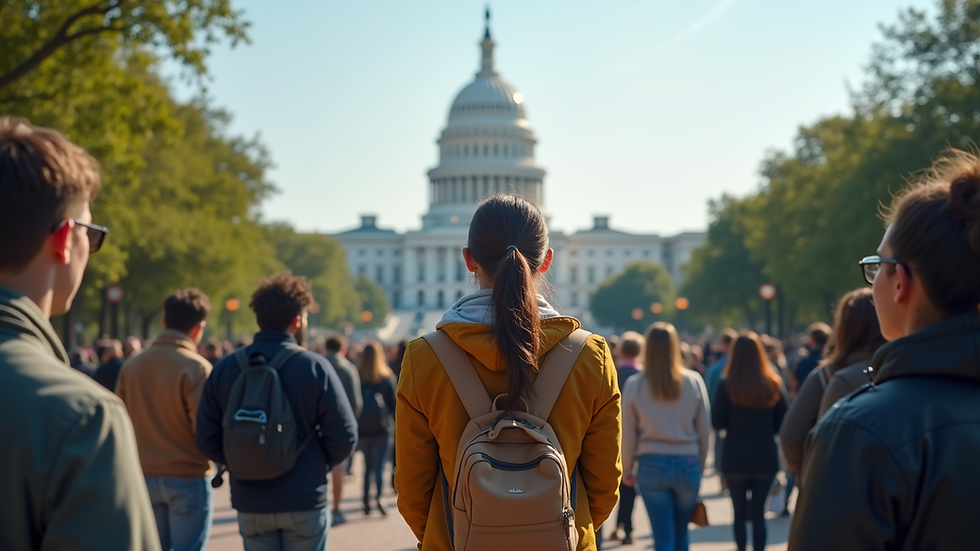 Eye-level view of a diverse group of people standing in front of a government building