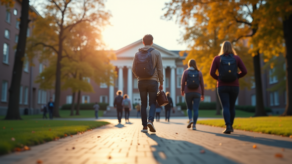 Eye-level view of a university campus with students walking