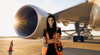 Ruth Gijorro, técnica de mantenimiento aeronáutico, frente a un avión en plataforma, destacando la responsabilidad y la seguridad en el mantenimiento aeronáutico.
