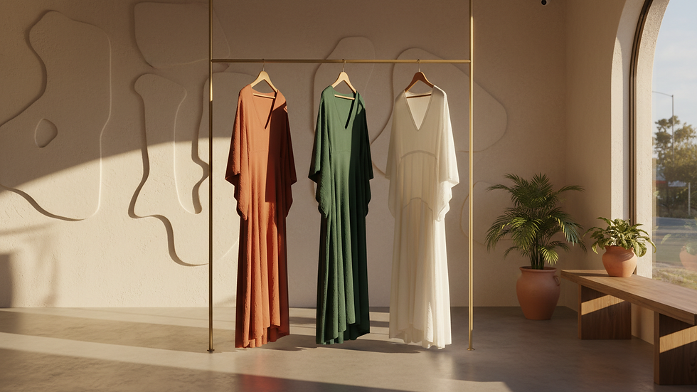 Eye-level view of a minimalist boutique showcasing flowing resort dresses