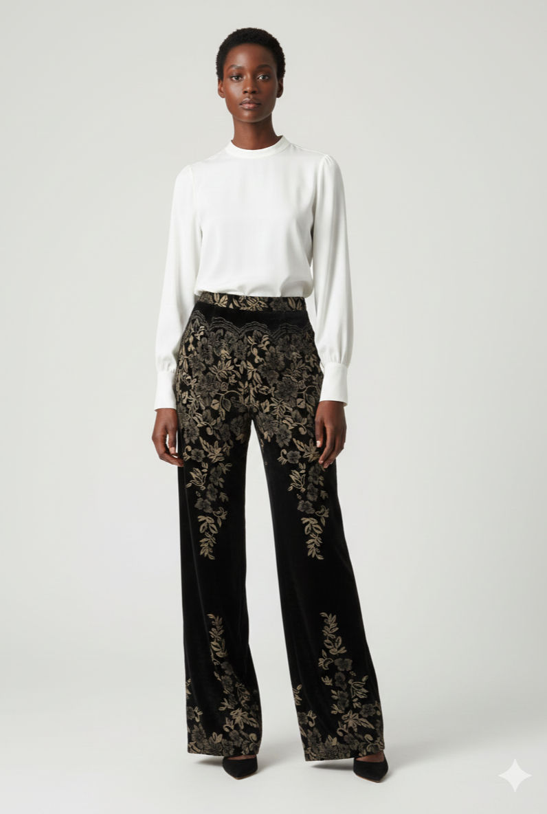 High-Waist Velvet Trousers - Gold Embroidered Holiday Pant