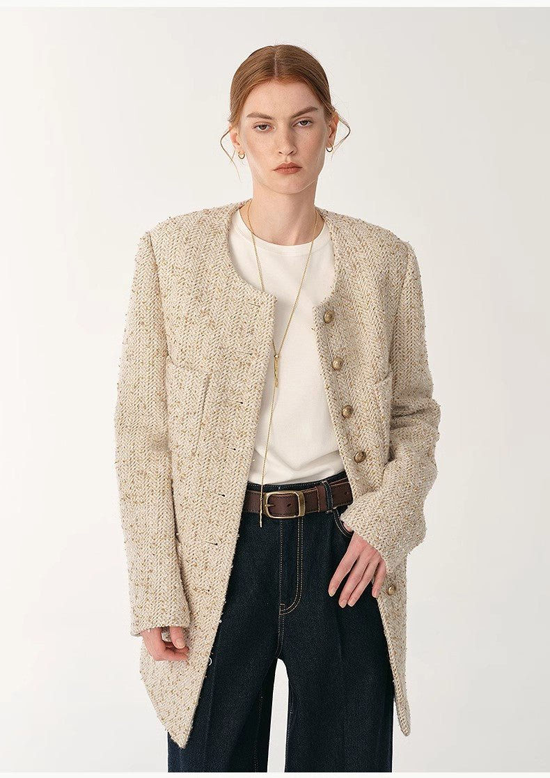 Thumbnail: Women Heavy Wool Tweed Round Neck Slim Fit Patch Pocket Elegant Jacket Coat