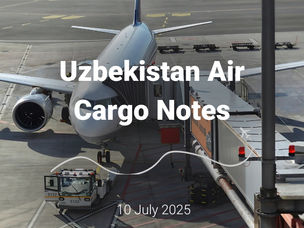 An Uzbekistan air cargo aircraft is parked at the airport gate with a cargo loader positioned at the side, highlighting international freight operations and air cargo handling infrastructure. Ideal for topics related to Uzbekistan air cargo, airport logistics, and freight forwarding services.