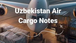 A large cargo aircraft is parked on the tarmac at an international airport during twilight, with cargo pallets and containers being loaded through the side of the plane. The aircraft is prominently featured from a front-top angle, emphasizing its size and the scale of logistics operations. The setting reflects active freight handling operations, with lighting that suggests early morning or evening. Overlaid text reads: “Uzbekistan Air Cargo Notes – 17 July 2025,” indicating a specialized air freight industry update or newsletter focused on Uzbekistan's air cargo developments.