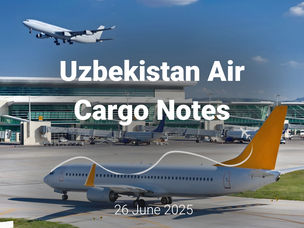 The image shows the cover of a document or publication titled "Uzbekistan Air Cargo Notes". The cover shows two aircraft in front of an airport, one taking off and the other on the runway. The date on the cover is June 26, 2025. This could be an internal document, report or fact sheet regarding Uzbekistan Airways cargo operations.