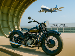 A high-resolution photograph captures a vintage 1947 Harley-Davidson motorcycle parked under a curved aircraft hangar structure at Tashkent International Airport, Uzbekistan. Overhead, a realistic cargo aircraft ascends into the clear blue sky, symbolizing seamless global logistics and airfreight services. This image reflects Delta Global Solutions' successful handling of the temporary import and re-export process for an Australian travel blogger’s vintage motorcycle, highlighting efficient customs clearance, real-time coordination, and specialized logistics solutions in Central Asia.