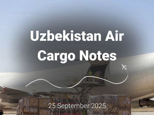 The image shows a large cargo airplane being loaded with freight pallets on the airport tarmac, with text overlaid that reads “Uzbekistan Air Cargo Notes – 25 September 2025.”