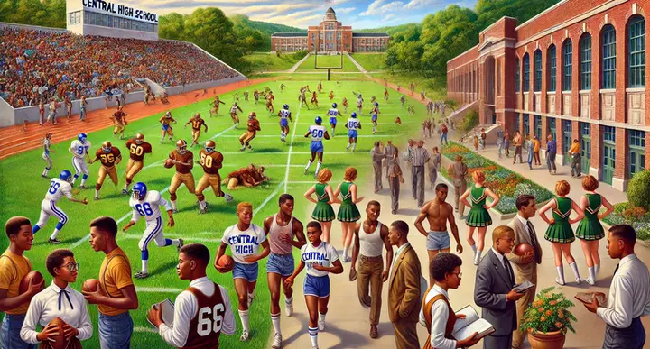 DALL·E 2025-01-08 21.34.11 - A landscaped view showcasing African American student athletes practicing various sports on beautifully maintained fields, representing Central High S.webp
