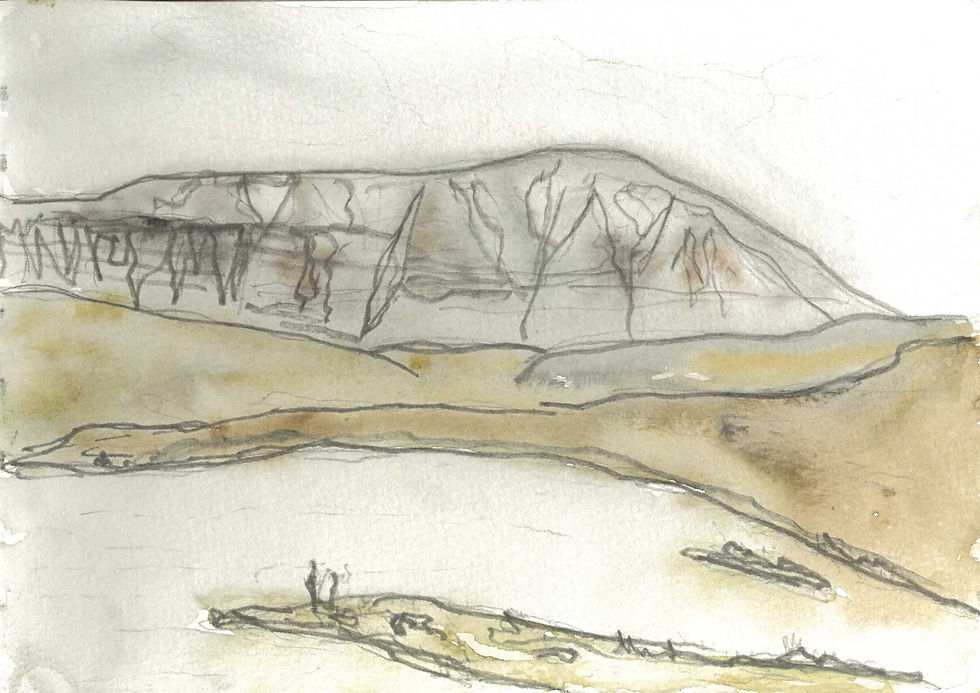 Sketch of an unnamed, unmarked lake on the Fjordnibba mountain which was located between Fjordnibba and Noisdalen with Fellahøgda beyond. Painted using fresh water from the lake. © Joseph Cox