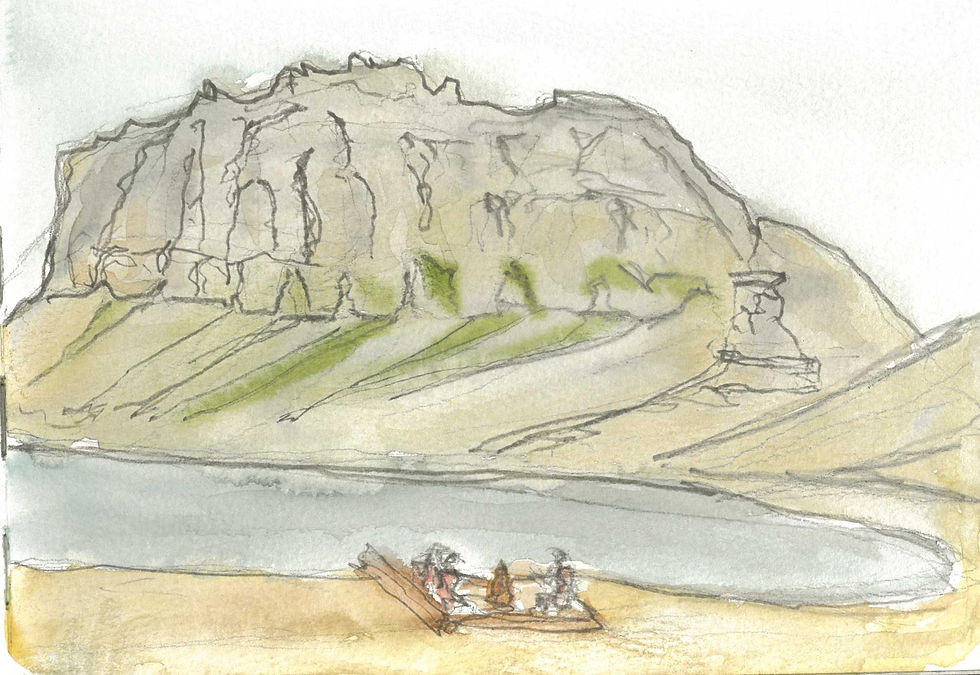 Sketch of the base camp fire with Rejmyrefjellet mountain in the background. Painted at Kapp Schoultz base camp using salt water from the fjord. © Joseph Cox