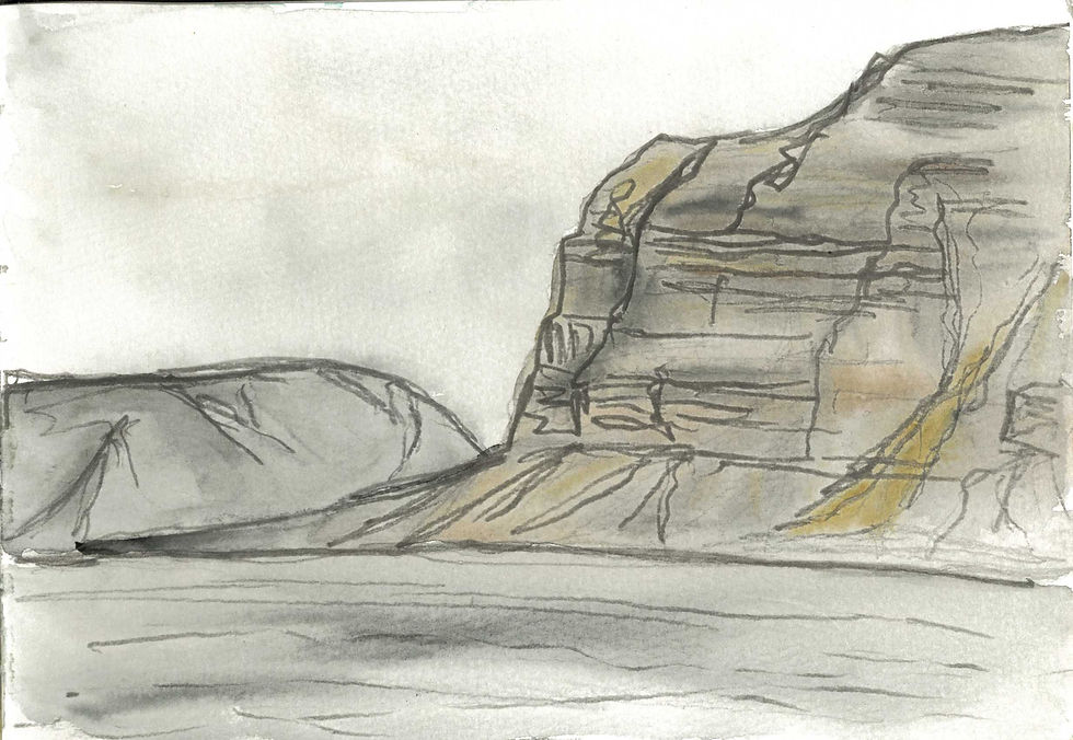 Sketch of Rejmyrefjellet mountains with Kolonnadane in the distance. Painted at Kapp Schoultz base camp using fresh water from the camp stream.© Joseph Cox
