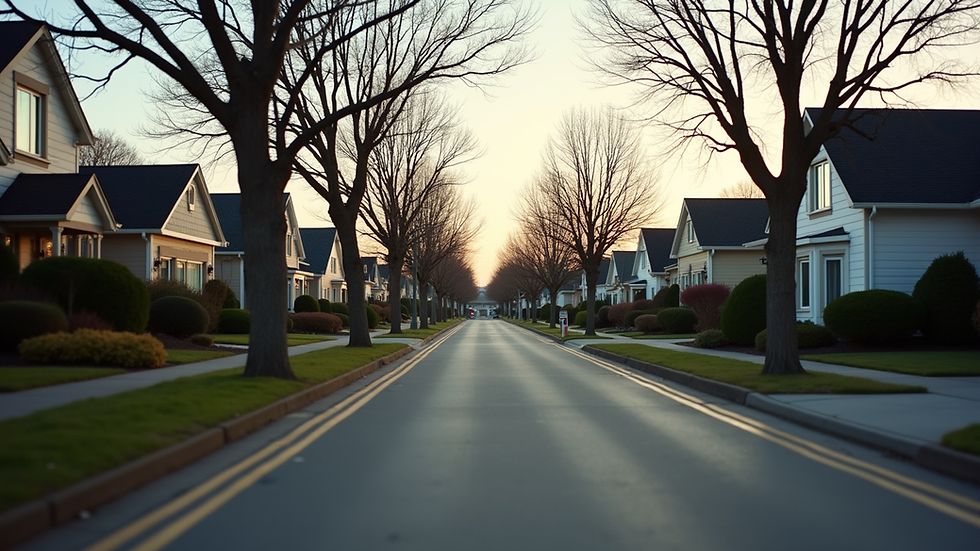 Eye-level view of a suburban neighborhood with houses and trees