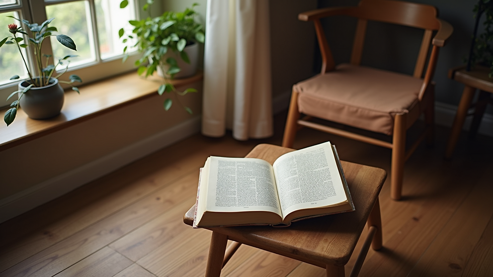High angle view of a cozy room with a chair and spiritual books