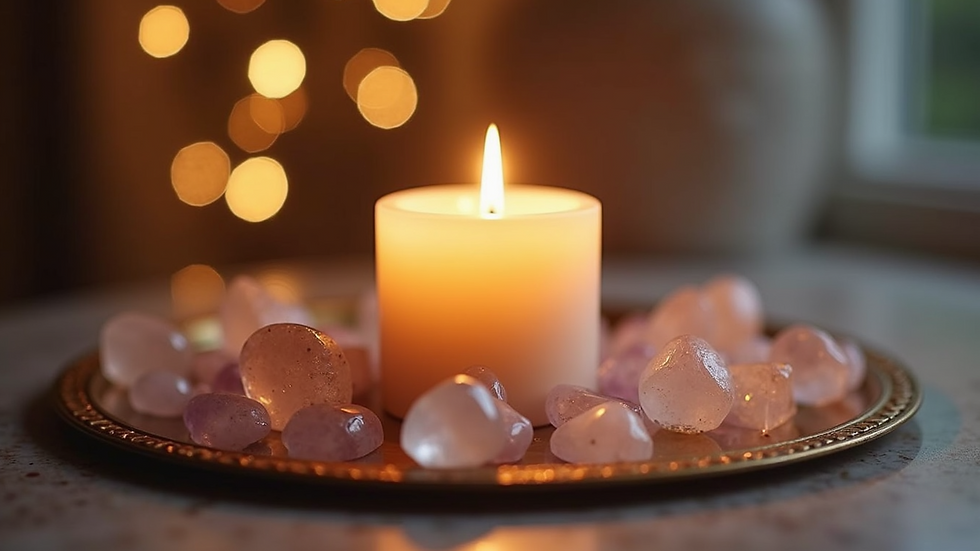 Close-up of a candle and crystals on a meditation altar