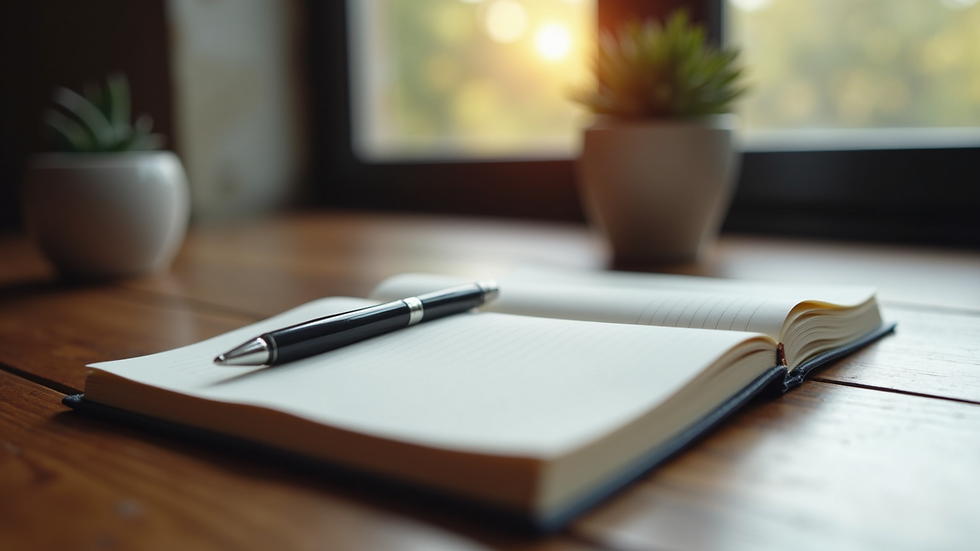 Close-up of a journal and pen on a wooden table, symbolizing reflection and clarity