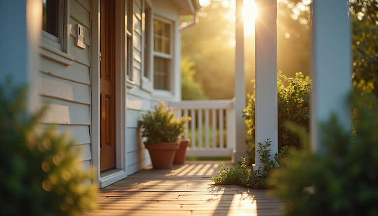 Close-up view of a modest front porch with a door slightly open