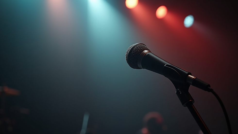 Close-up view of a microphone on stage with soft lighting