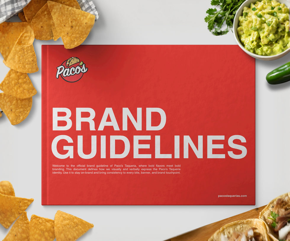 Paco's Brand Guidelines on red book with chips and guacamole in background.