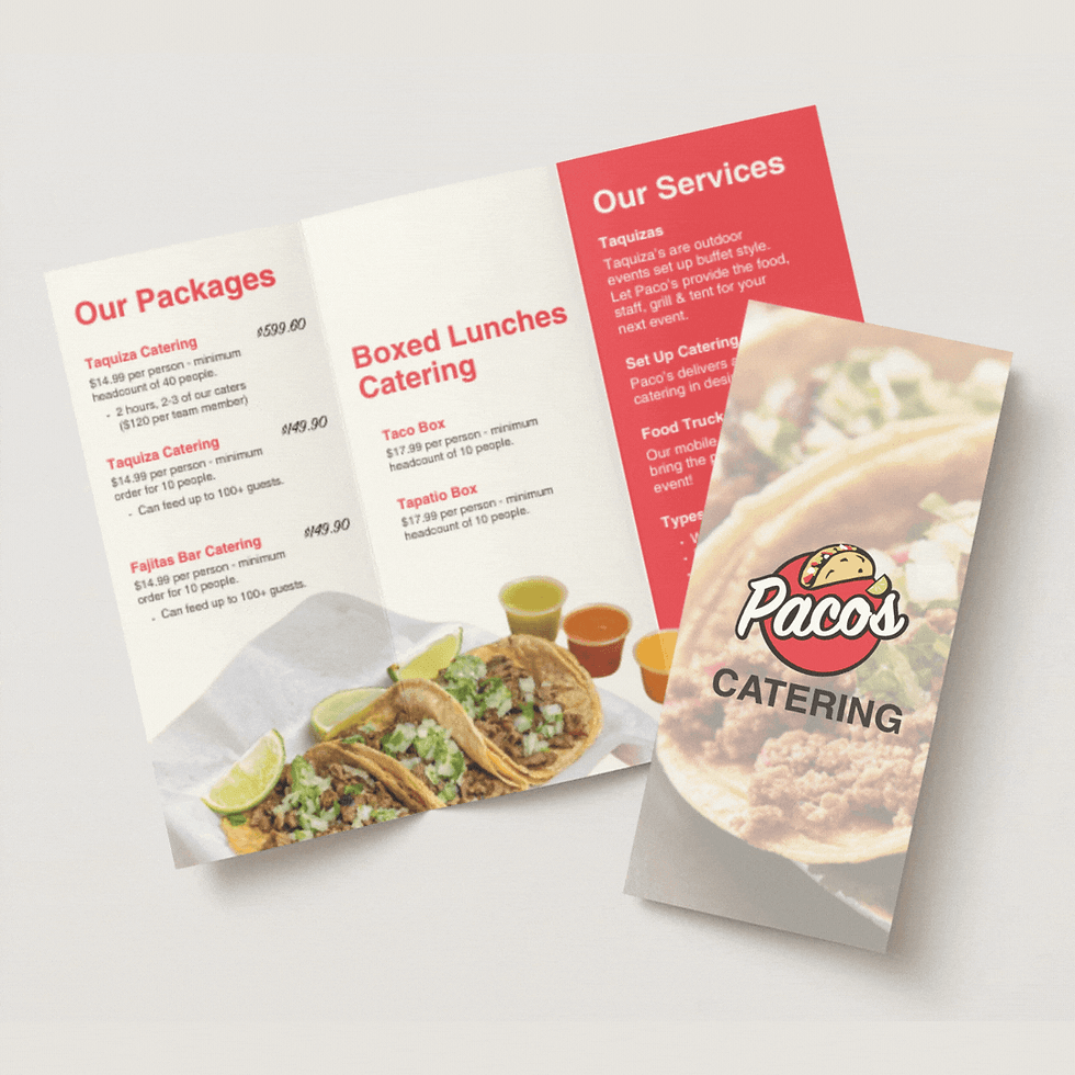 Paco's Gif showing catering brochure displayed in different angles