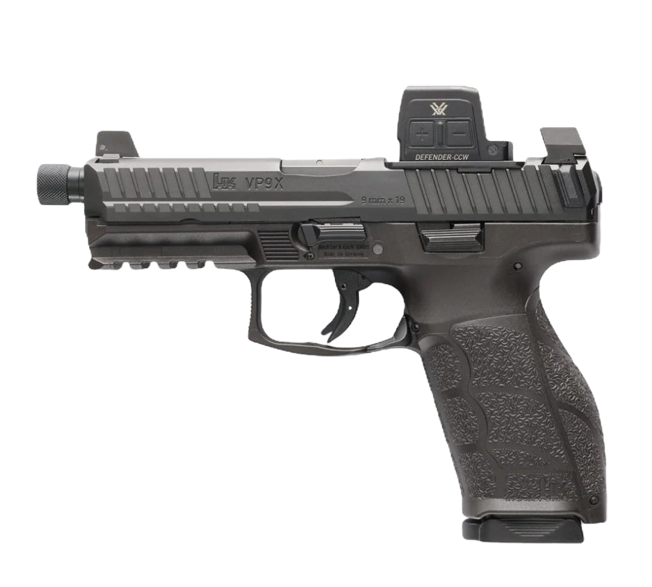 VP9X tactical HK pistol, shows a large red dot on top of the slide, to demonstrate that it is bulky but could replace the need for night sights. 