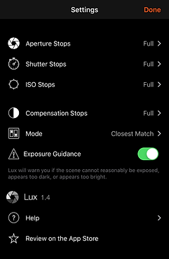 lux light meter settings
