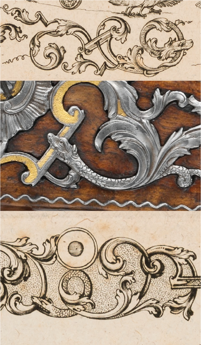 Note how the scrolls are no longer always curved, and how the serpents reach back around to grasp the scrolls, rather than terminate at the ends of them.